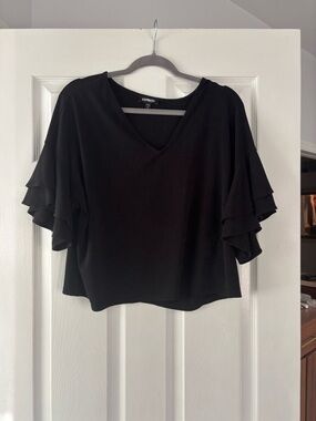Express Black Ruffle Sleeve V-Neck Top